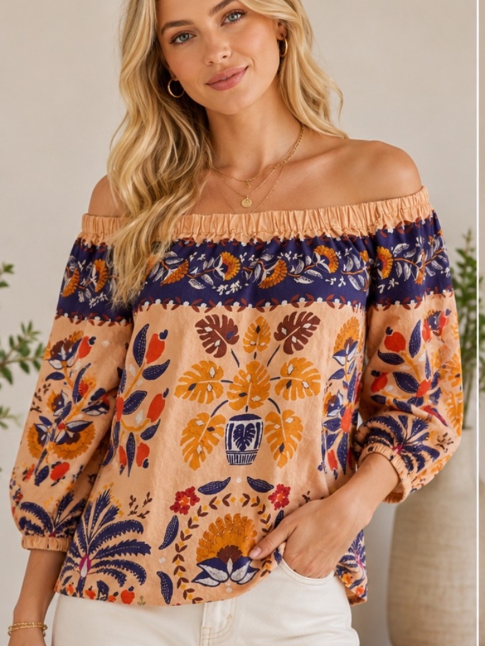 FARM Rio for Anthropologie Off Shoulder Tropical Boho Top Size M-L 100% Cotton